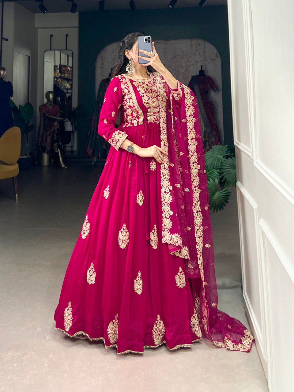 Pink Elegant Vichitra Silk Embroidered Gown with Net Dupatta