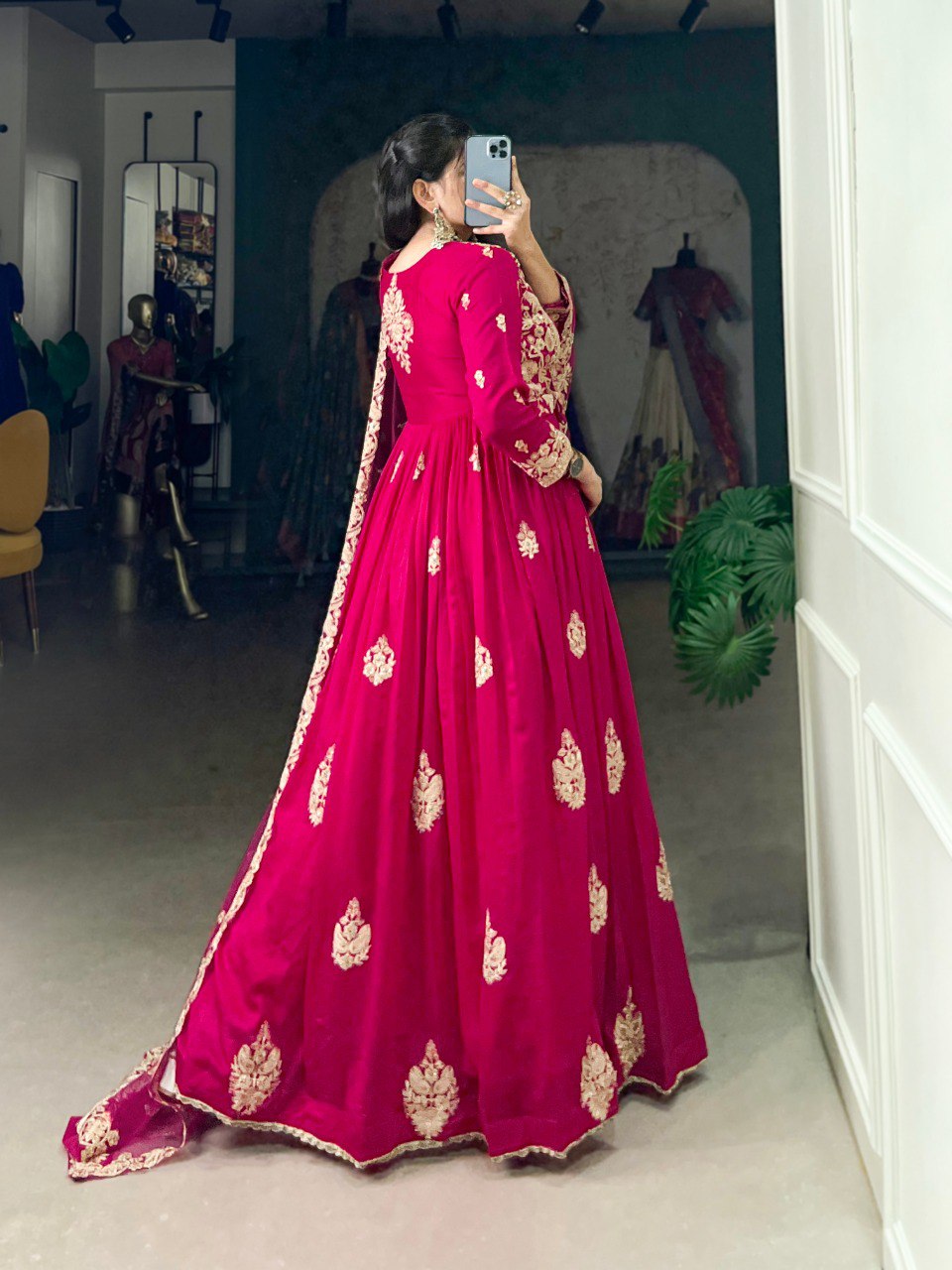 Pink Elegant Vichitra Silk Embroidered Gown with Net Dupatta
