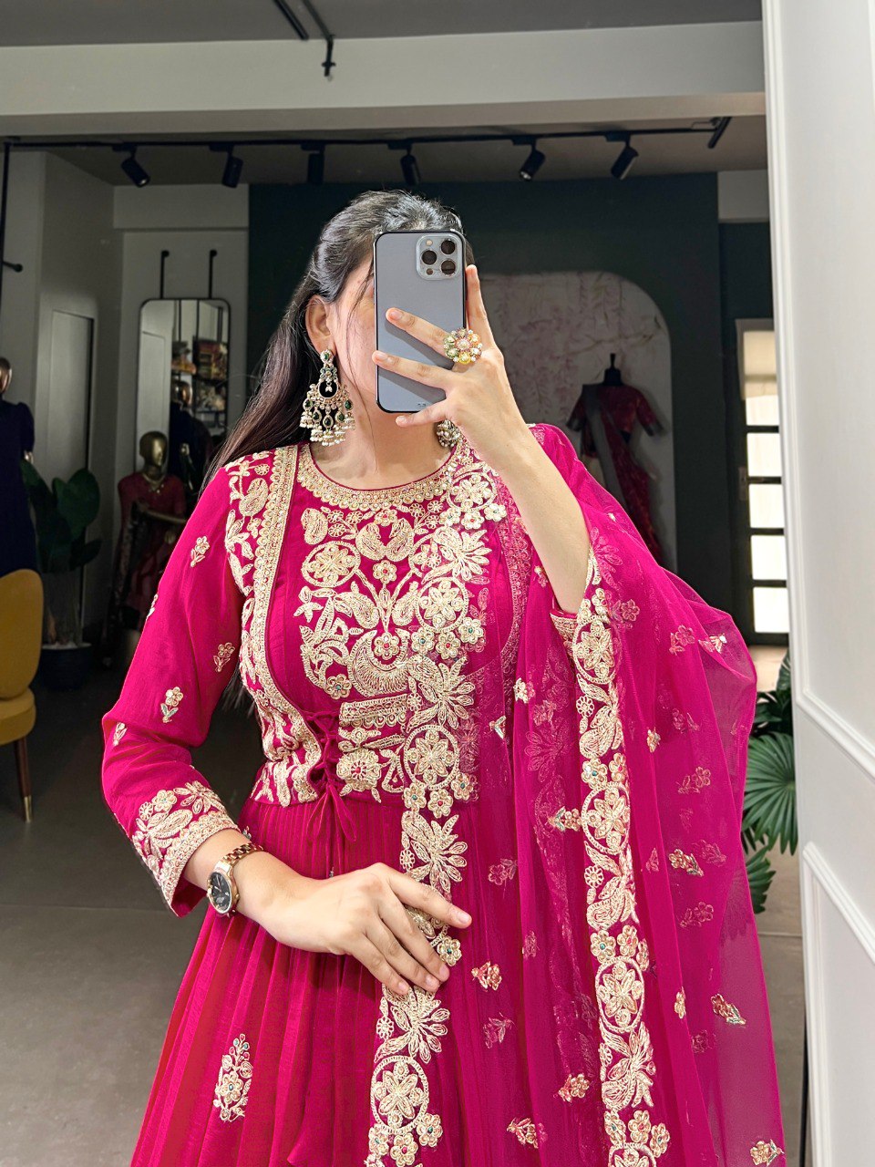Pink Elegant Vichitra Silk Embroidered Gown with Net Dupatta