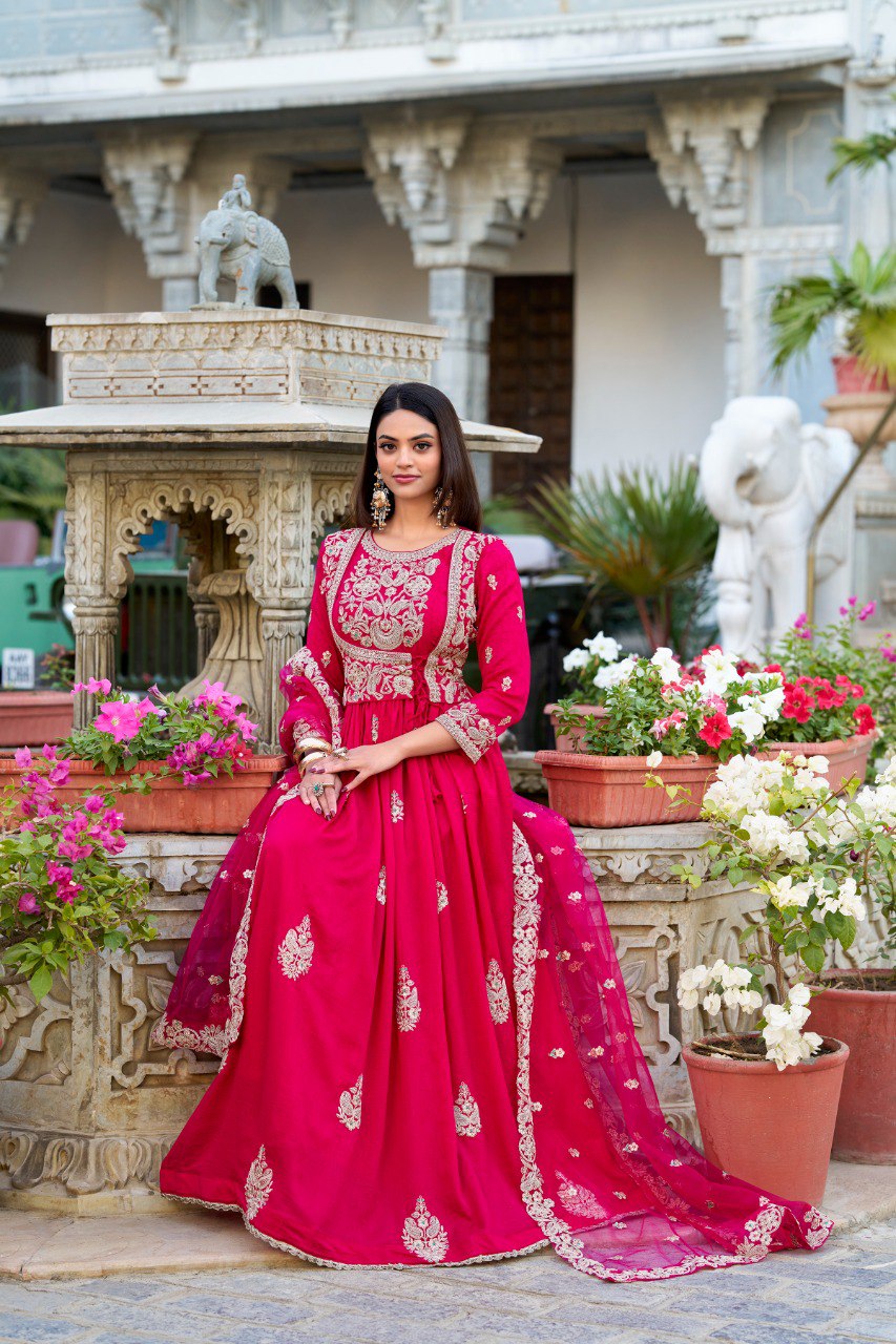 Pink Elegant Vichitra Silk Embroidered Gown with Net Dupatta