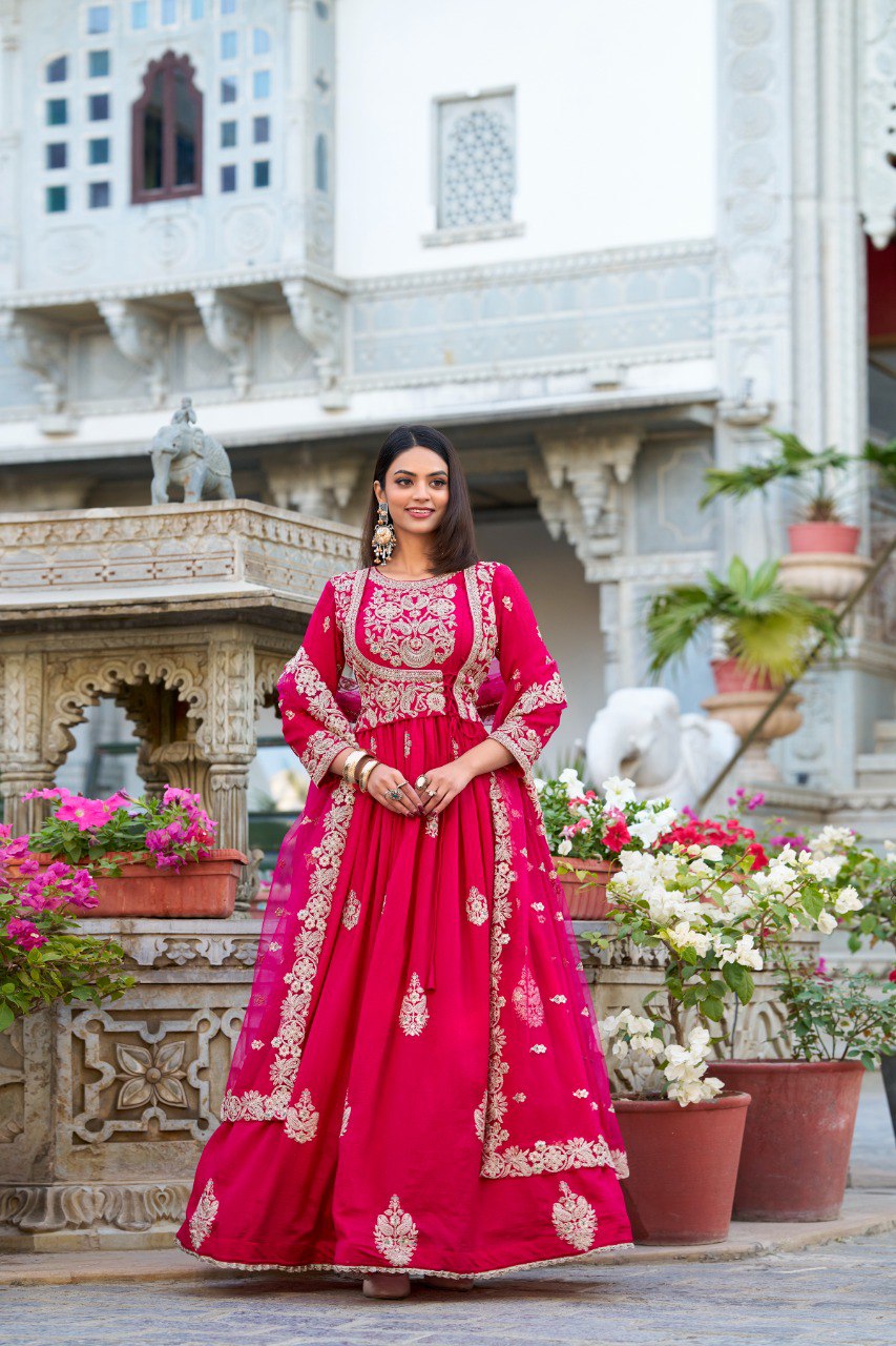 Pink Elegant Vichitra Silk Embroidered Gown with Net Dupatta