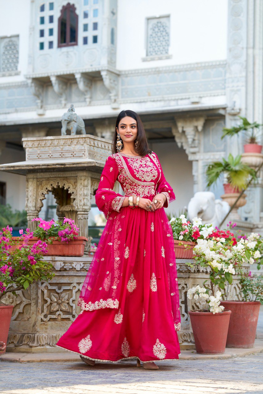 Pink Elegant Vichitra Silk Embroidered Gown with Net Dupatta