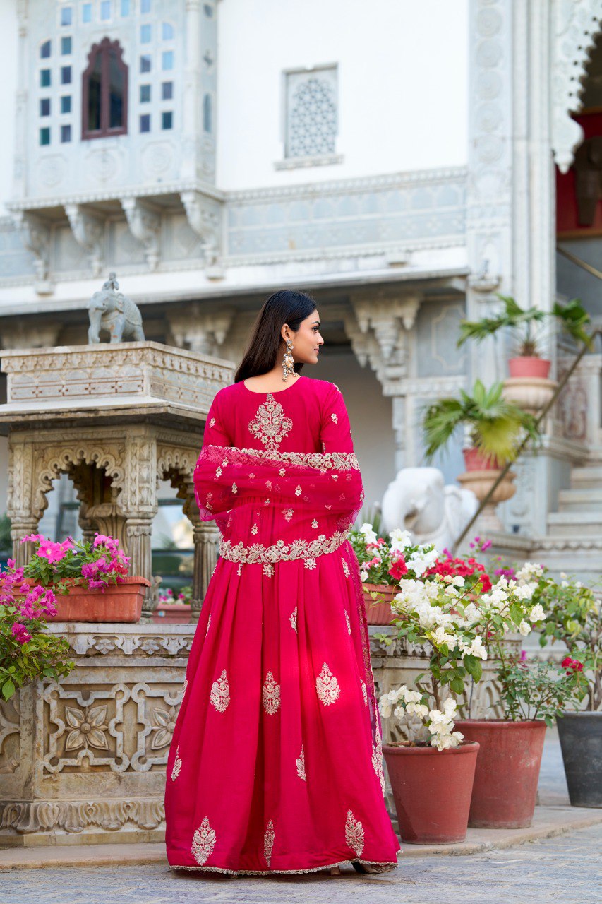 Pink Elegant Vichitra Silk Embroidered Gown with Net Dupatta