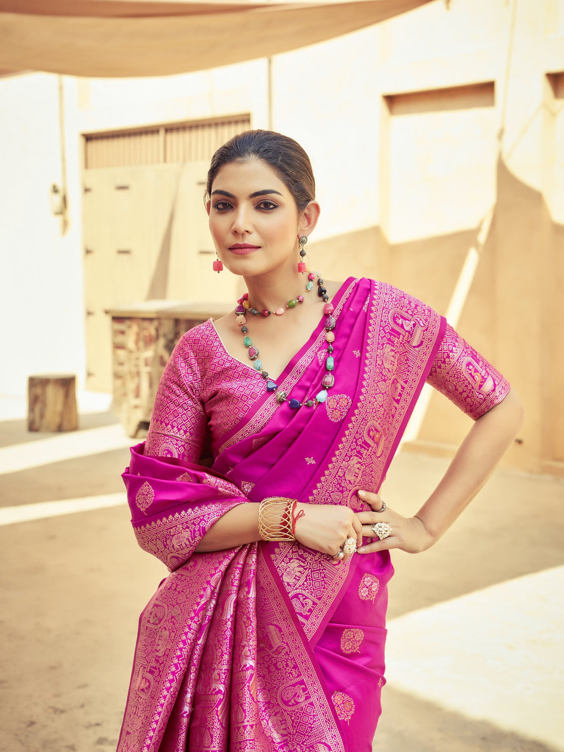 Pink Elegant Zari Woven Cotton Slub Saree with Georgette Blouse