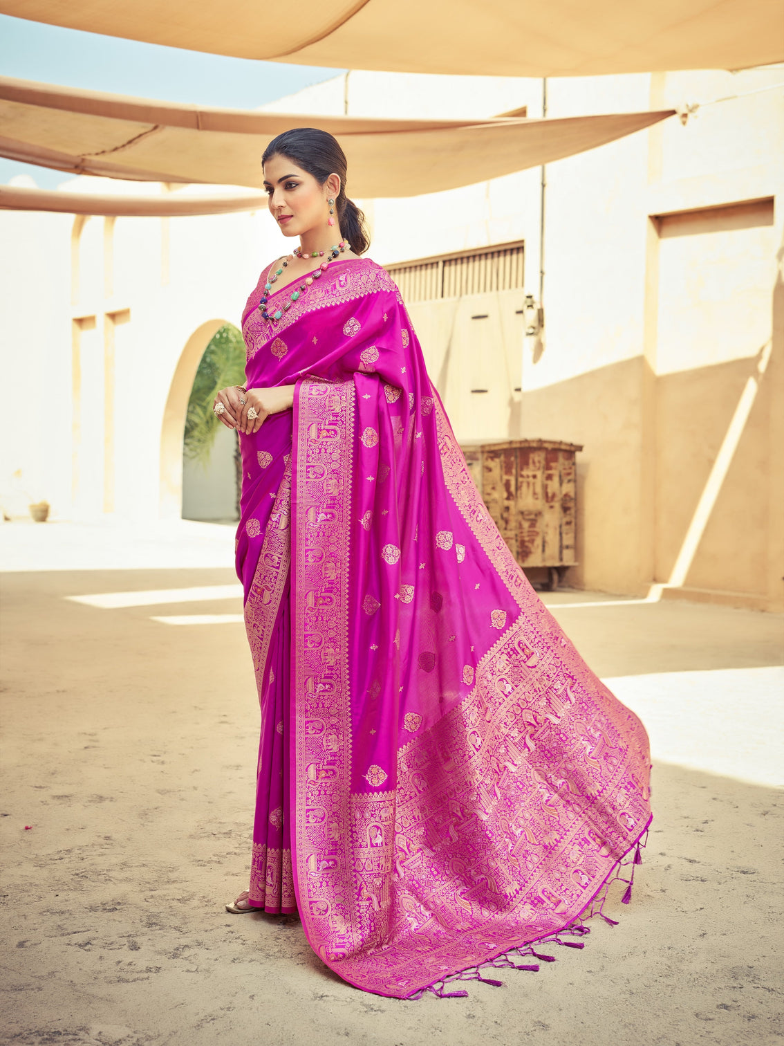 Pink Elegant Zari Woven Cotton Slub Saree with Georgette Blouse