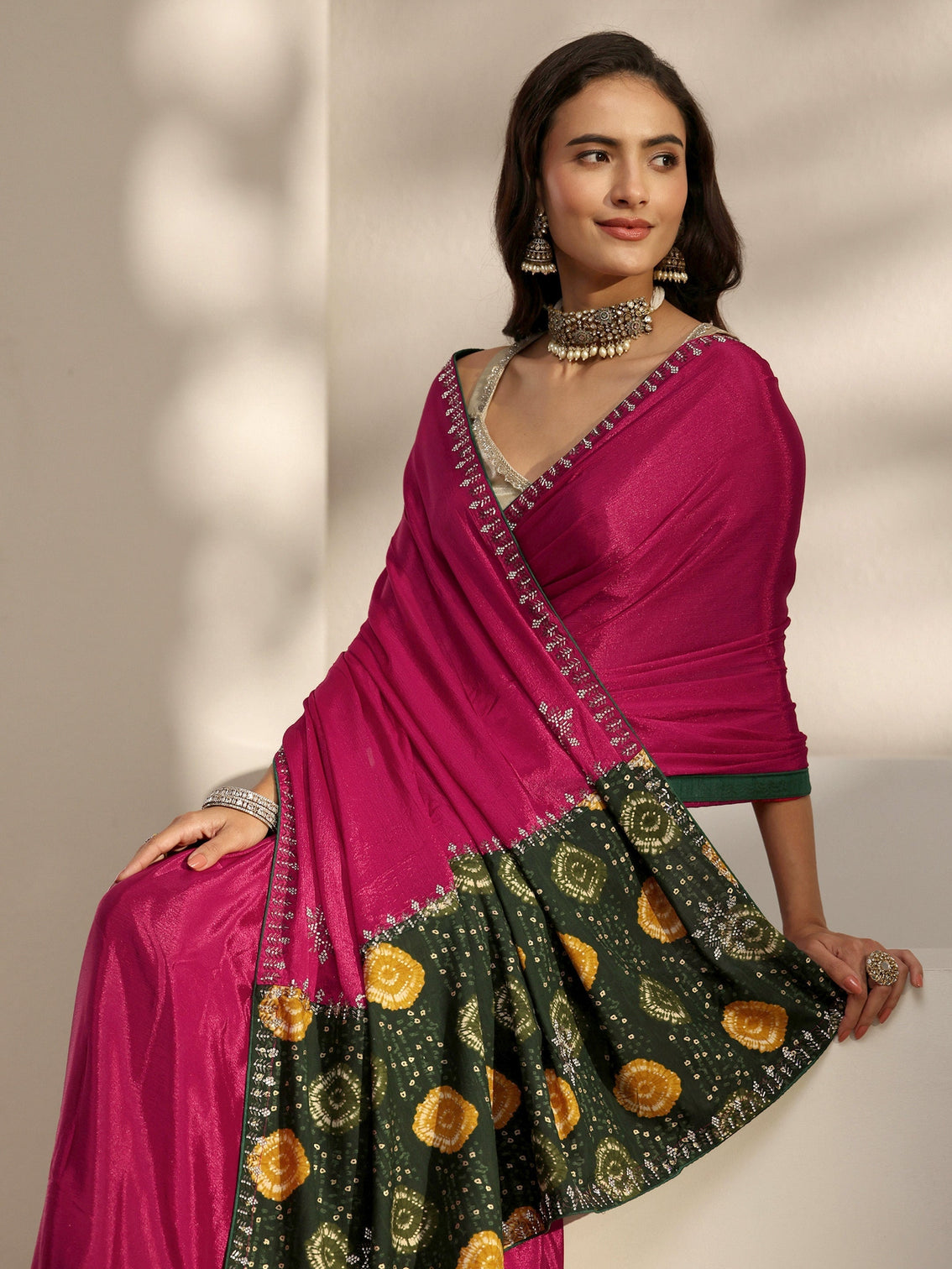Mameraa Pink Embellished Border Chinon Saree With Unstitched Blouse Piece