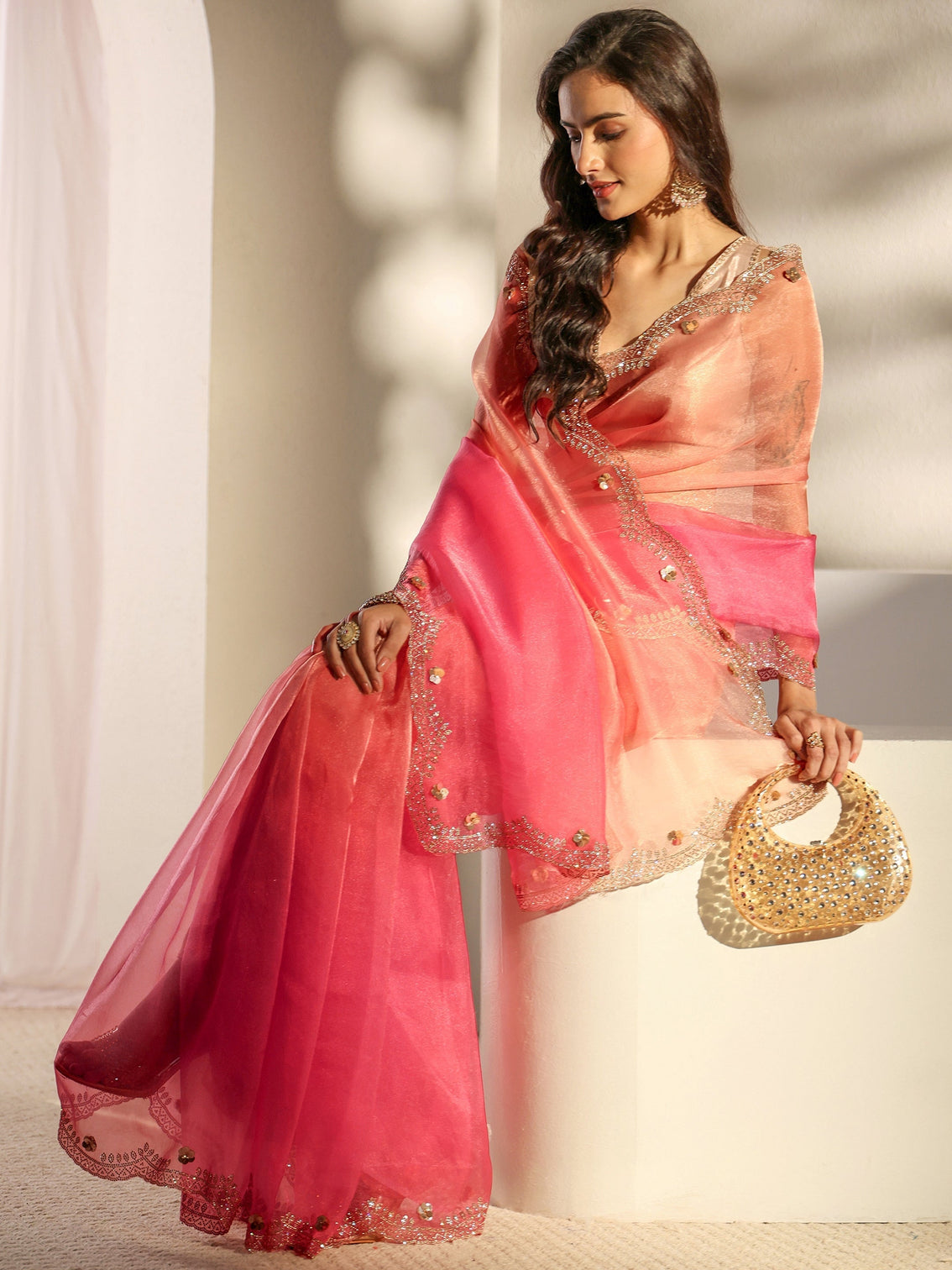 Mameraa Pink Embellished Border Ombre Tissue Saree With Unstitched Blouse Piece