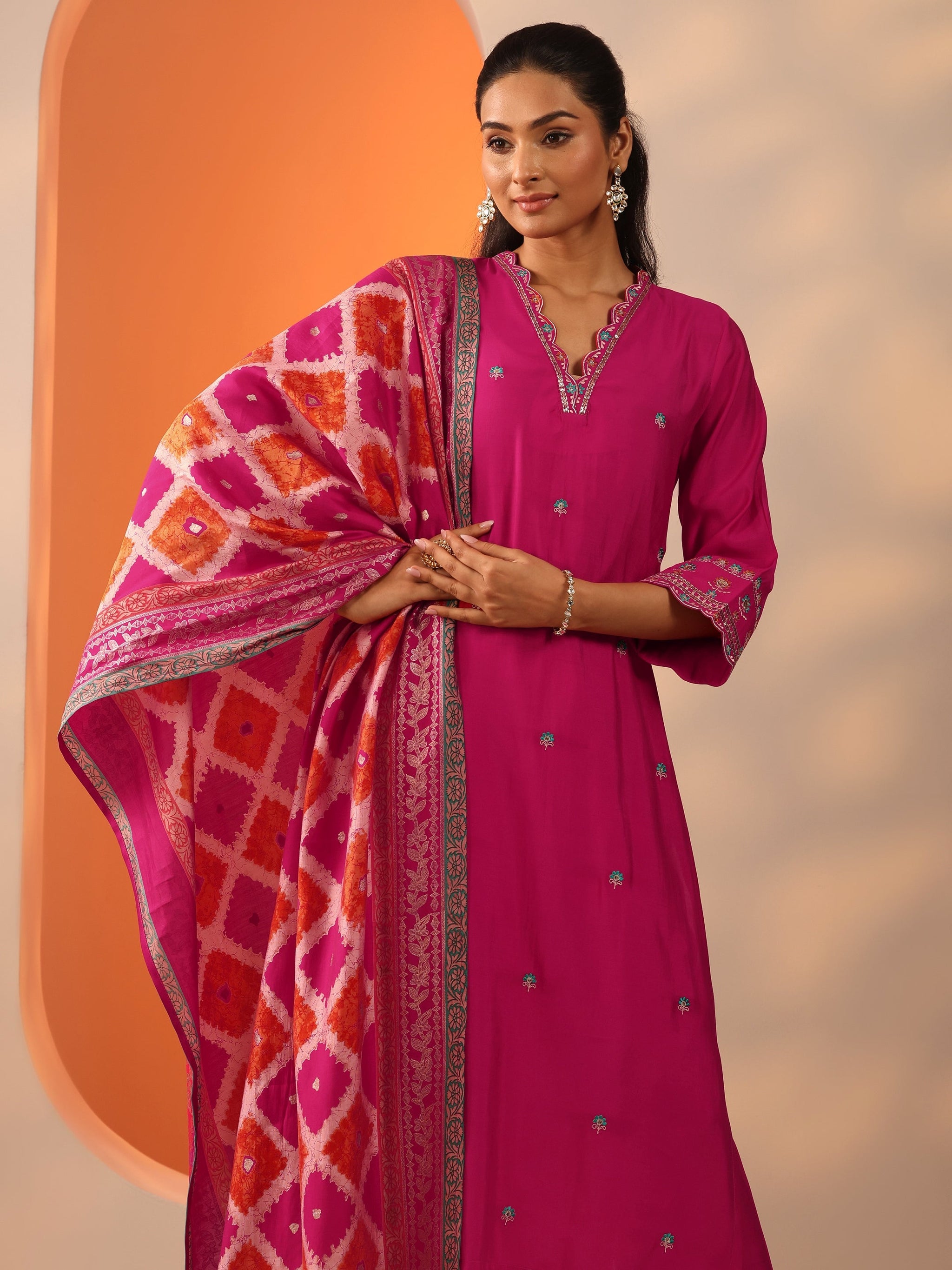 Libas Pink Embellished Silk Blend Straight Suit Set With Dupatta
