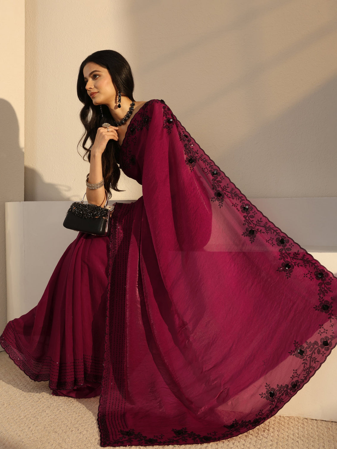 Mameraa Pink Embellished Tissue Saree With Unstiched Blouse Piece