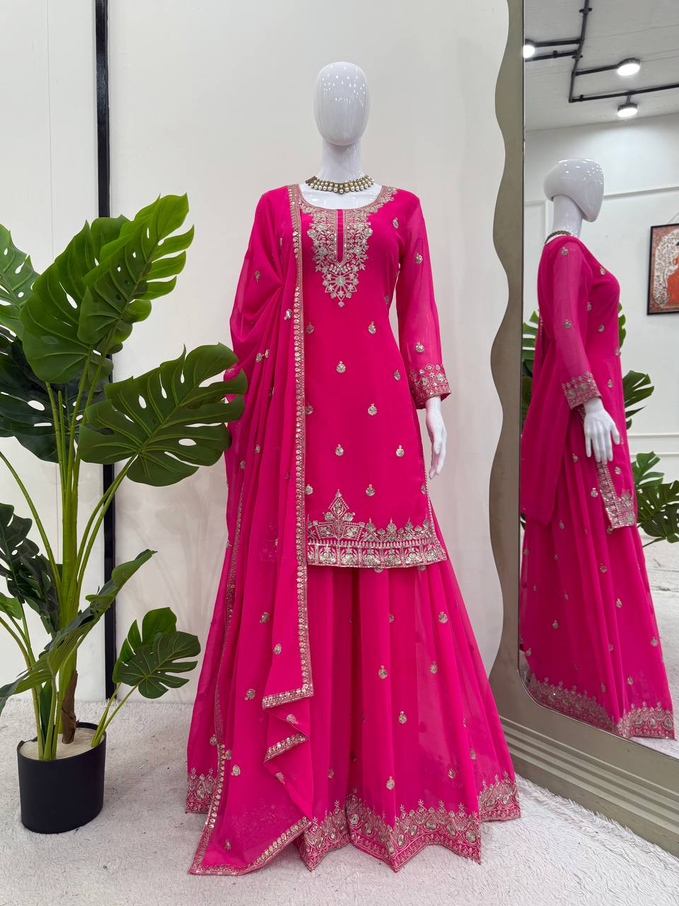 Pink Embroidered Faux Georgette Plazo Suit Set with Dupatta