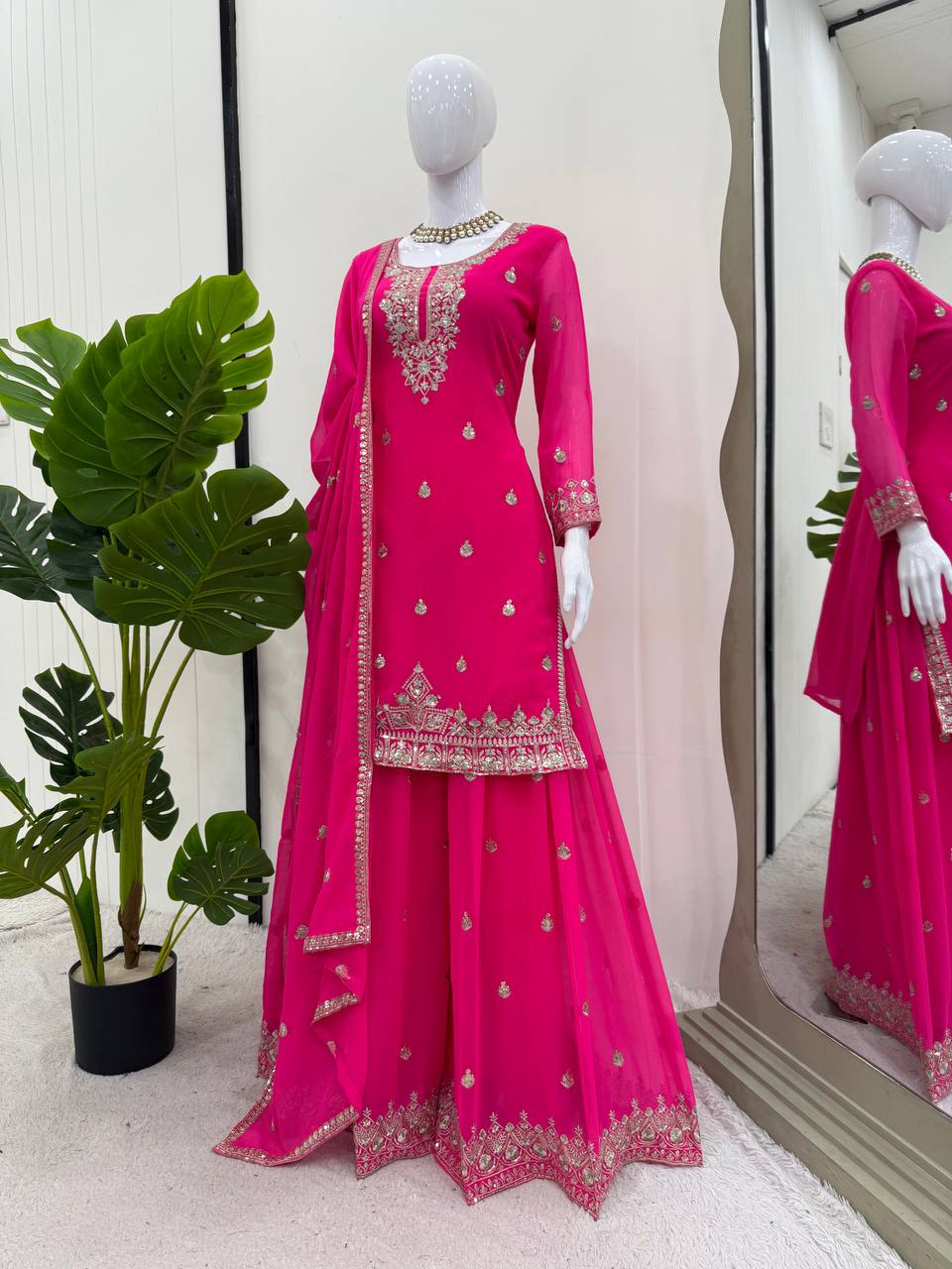 Pink Embroidered Faux Georgette Plazo Suit Set with Dupatta
