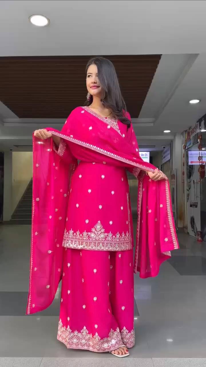 Pink Embroidered Faux Georgette Plazo Suit Set with Dupatta