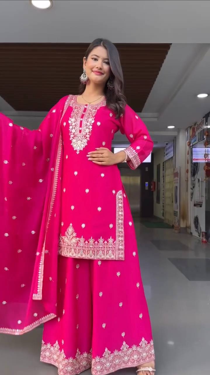 Pink Embroidered Faux Georgette Plazo Suit Set with Dupatta