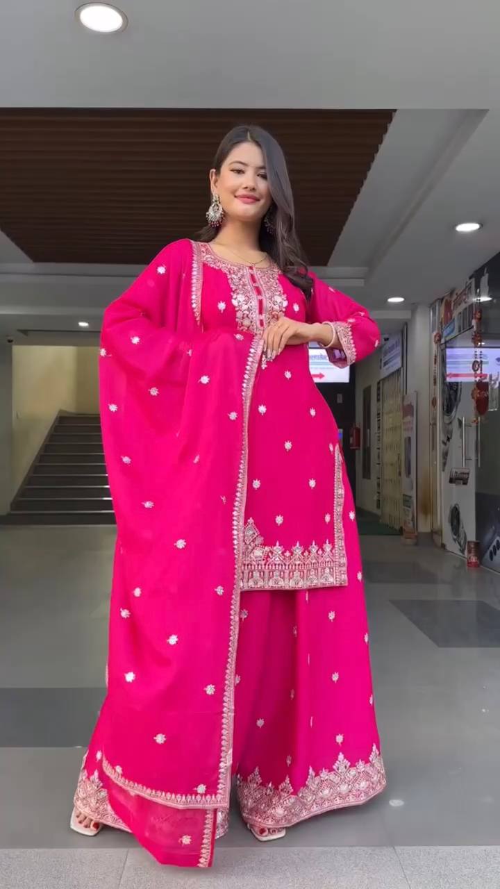 Pink Embroidered Faux Georgette Plazo Suit Set with Dupatta