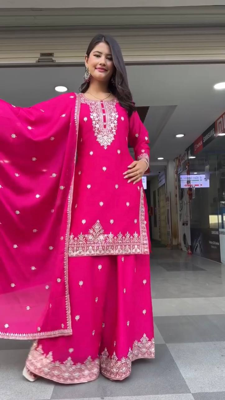 Pink Embroidered Faux Georgette Plazo Suit Set with Dupatta