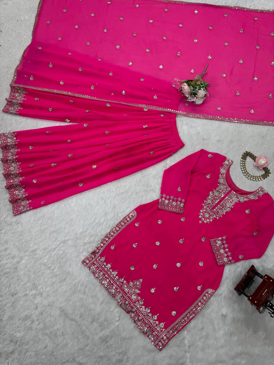 Pink Embroidered Faux Georgette Plazo Suit Set with Dupatta