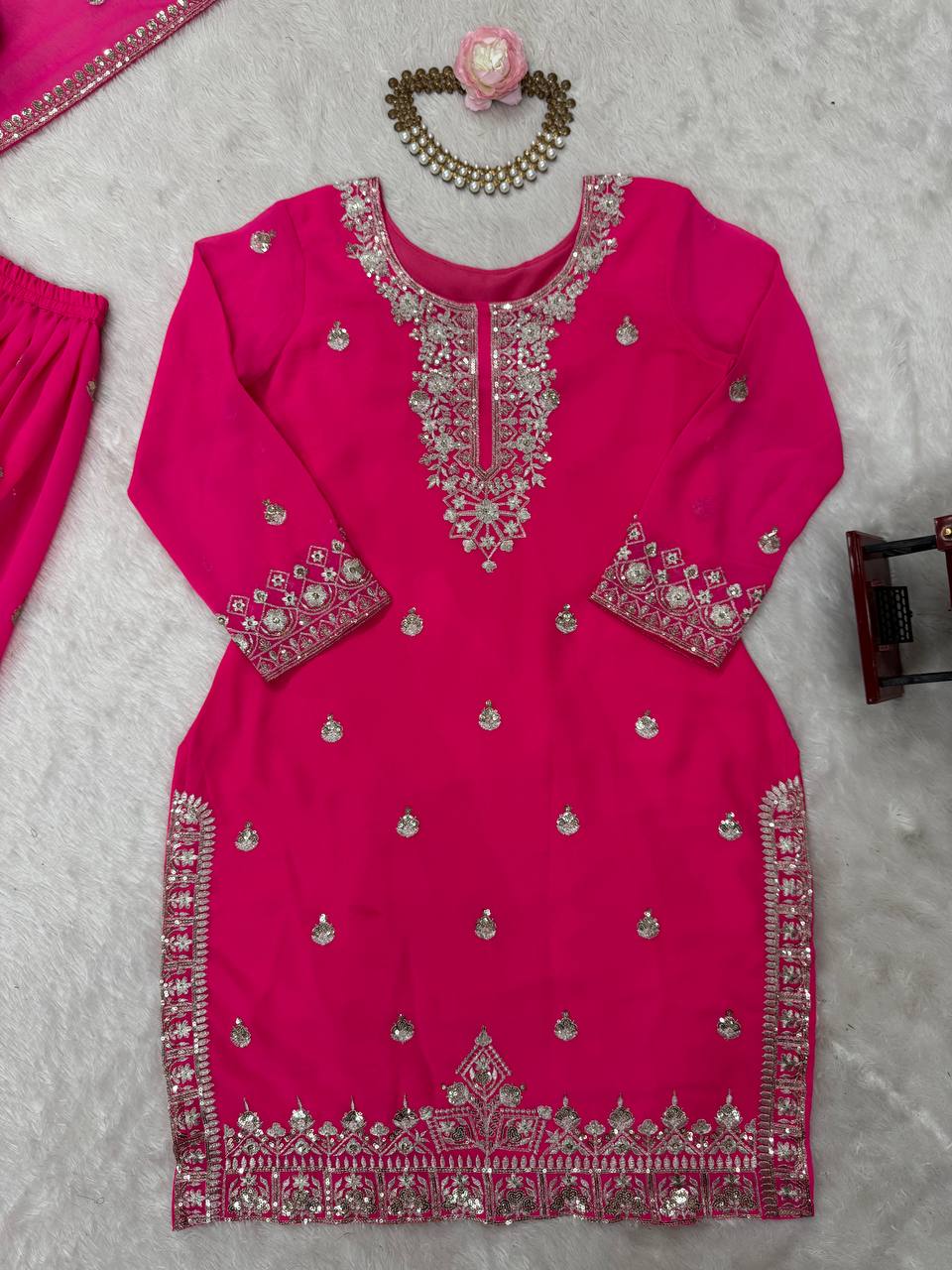 Pink Embroidered Faux Georgette Plazo Suit Set with Dupatta