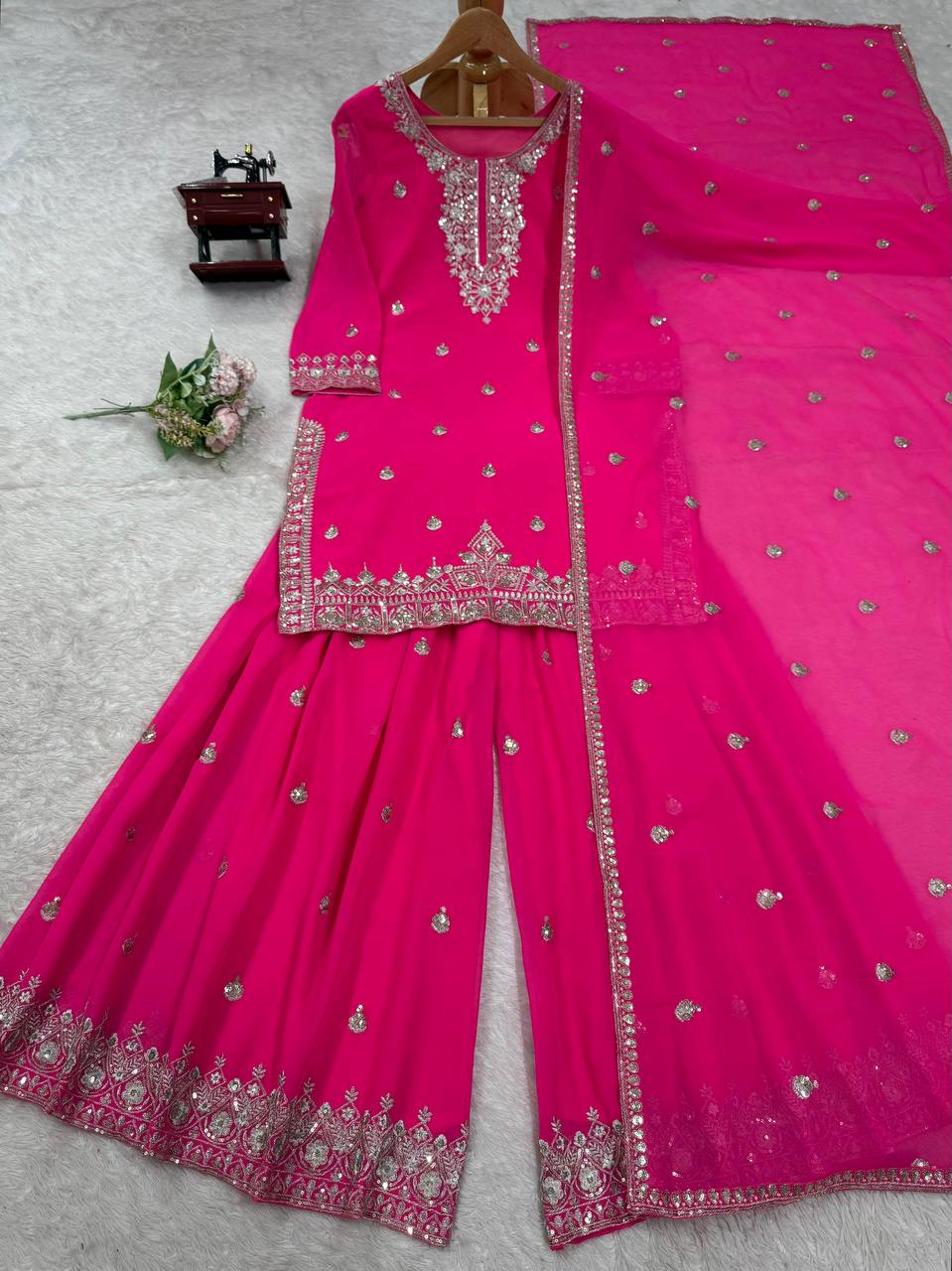 Pink Embroidered Faux Georgette Plazo Suit Set with Dupatta