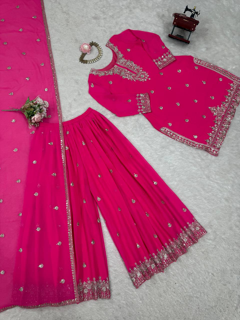 Pink Embroidered Faux Georgette Plazo Suit Set with Dupatta