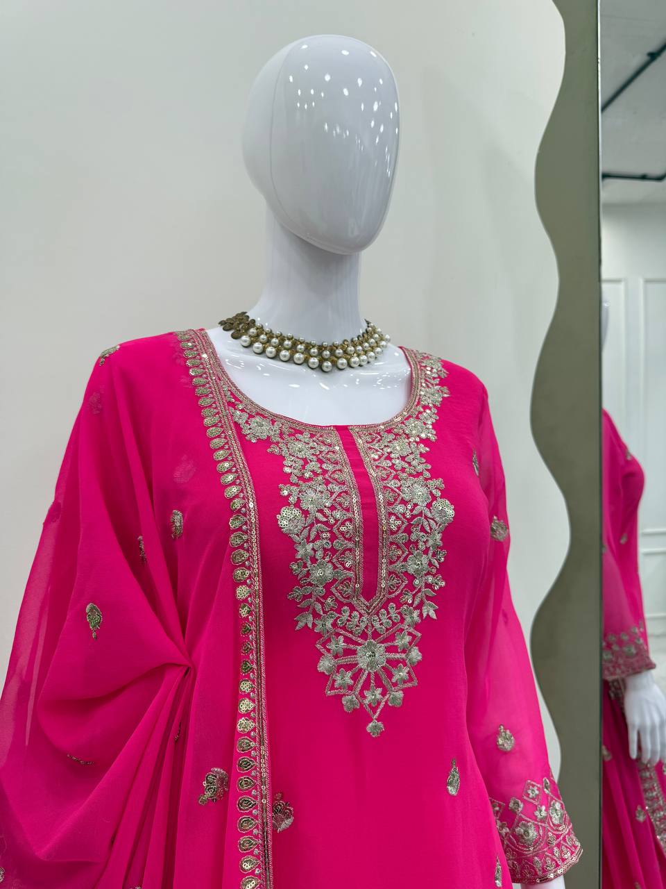 Pink Embroidered Faux Georgette Plazo Suit Set with Dupatta