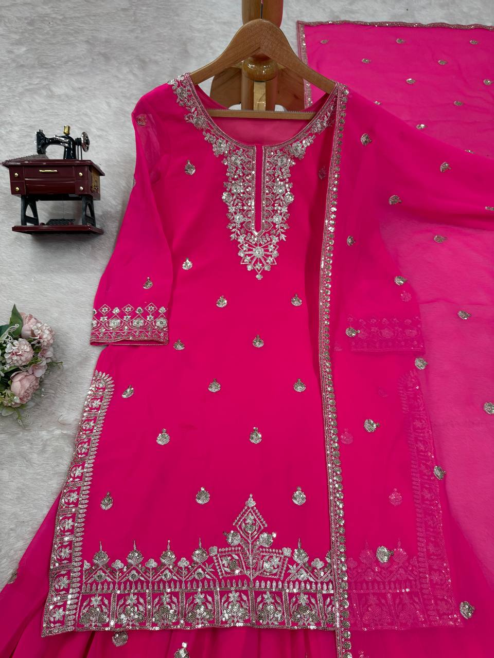 Pink Embroidered Faux Georgette Plazo Suit Set with Dupatta