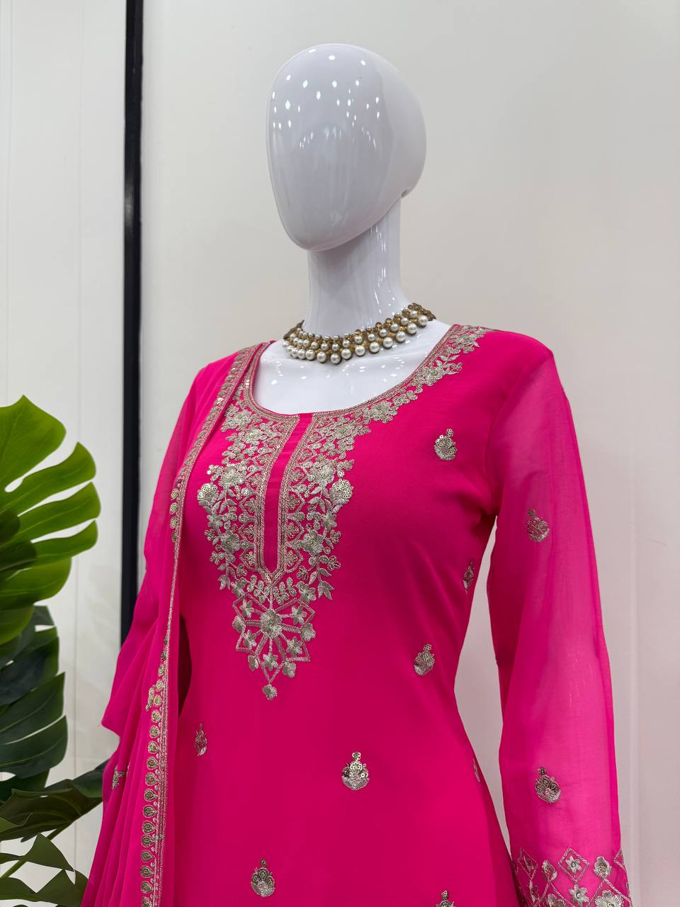 Pink Embroidered Faux Georgette Plazo Suit Set with Dupatta