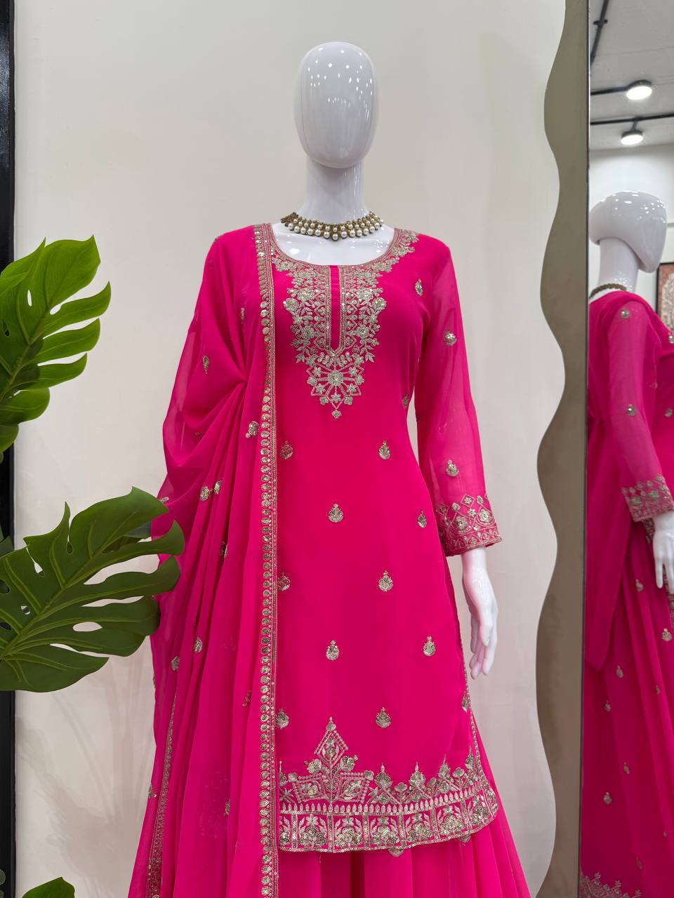 Pink Embroidered Faux Georgette Plazo Suit Set with Dupatta