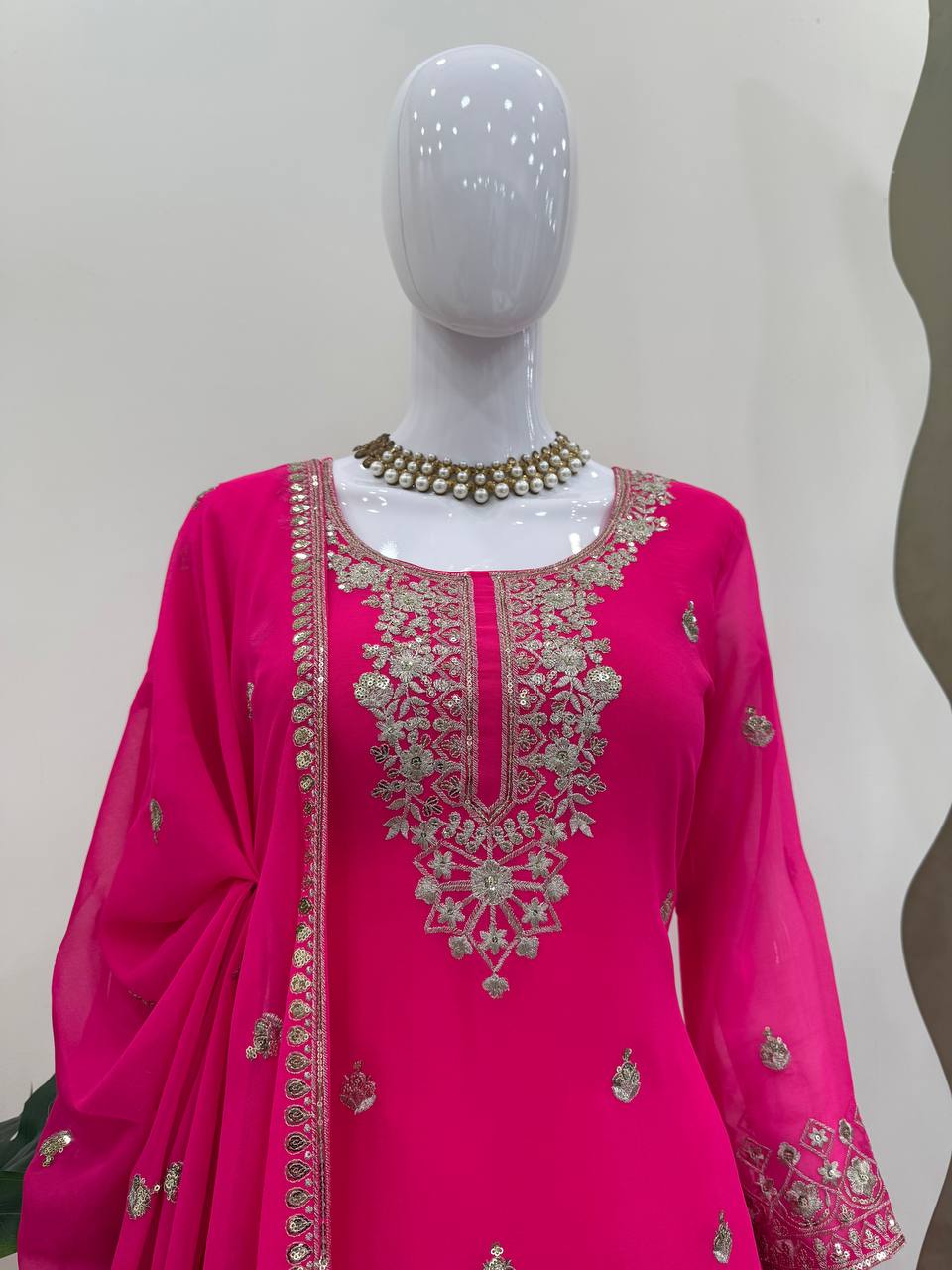 Pink Embroidered Faux Georgette Plazo Suit Set with Dupatta