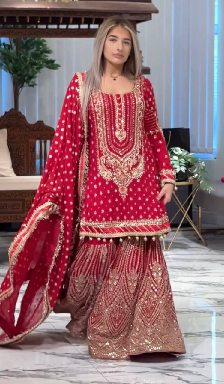 Pink Embroidered Faux Georgette Plazzo Set with Sequins Work & Lace Dupatta