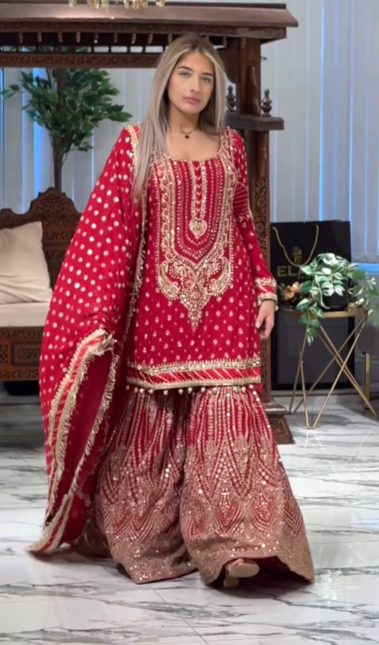Pink Embroidered Faux Georgette Plazzo Set with Sequins Work & Lace Dupatta