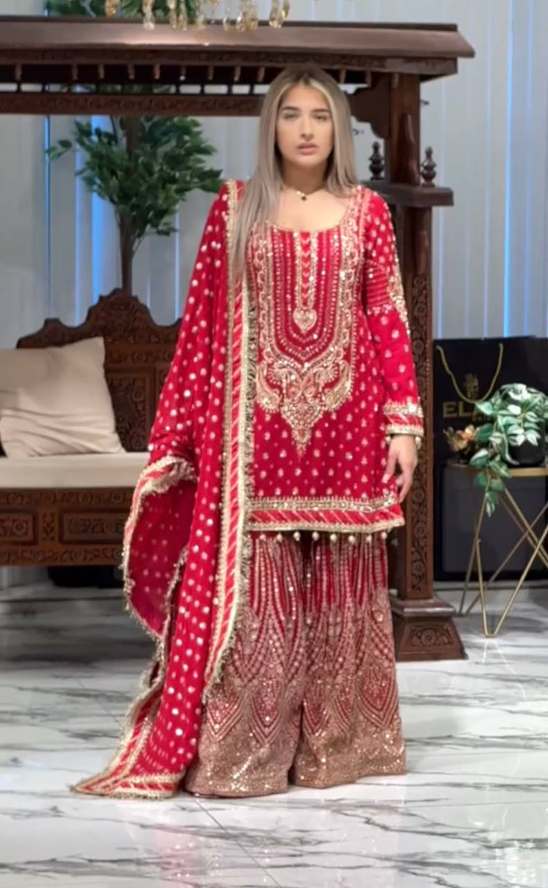 Pink Embroidered Faux Georgette Plazzo Set with Sequins Work & Lace Dupatta