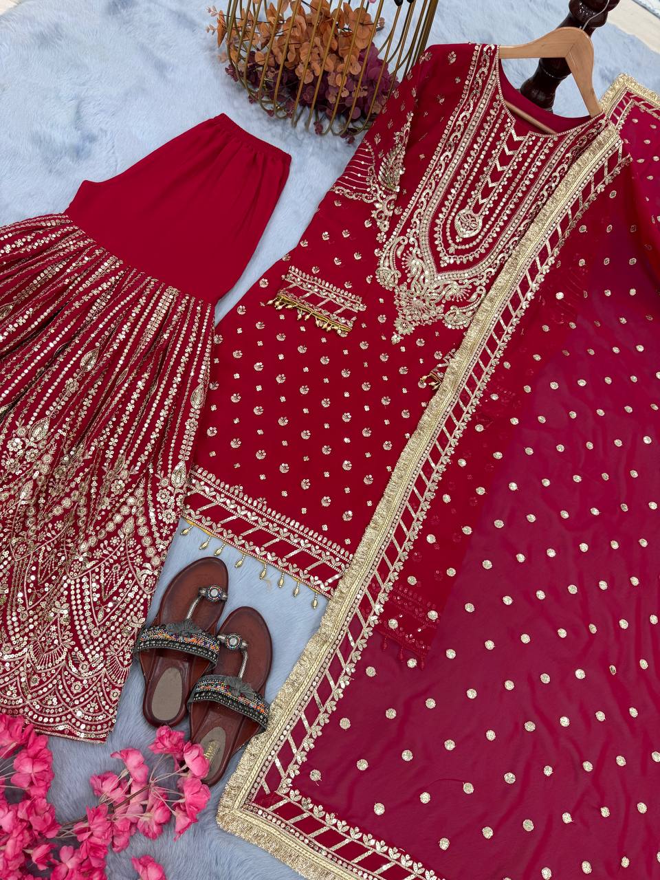 Pink Embroidered Faux Georgette Plazzo Set with Sequins Work & Lace Dupatta