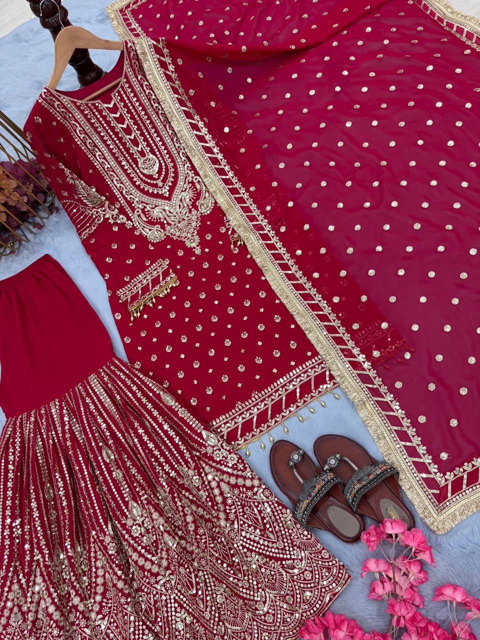 Pink Embroidered Faux Georgette Plazzo Set with Sequins Work & Lace Dupatta