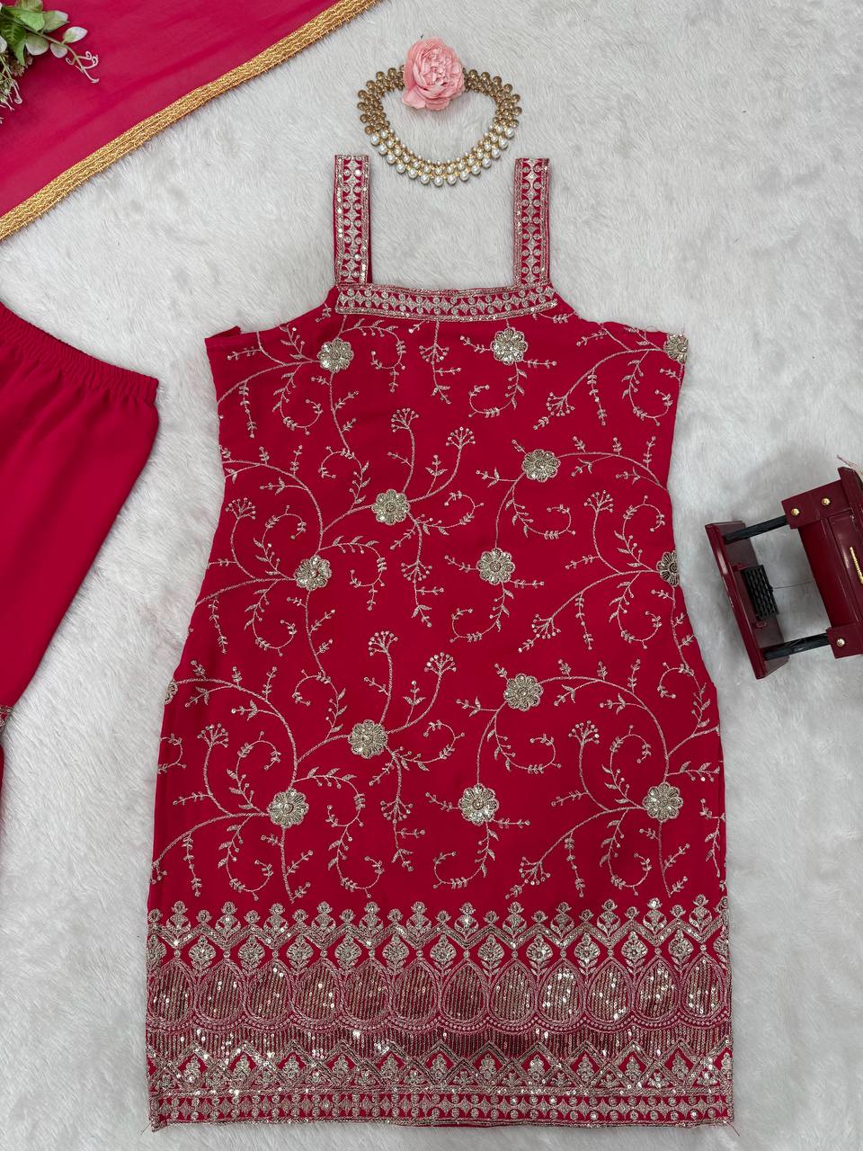 Pink Embroidered Faux Georgette Sharara Suit Set with Dupatta