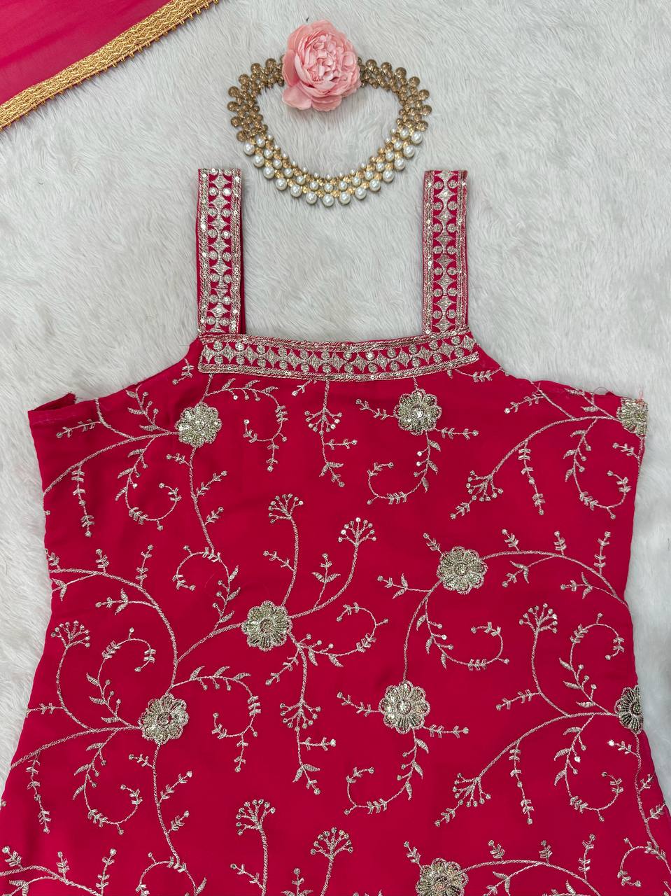 Pink Embroidered Faux Georgette Sharara Suit Set with Dupatta