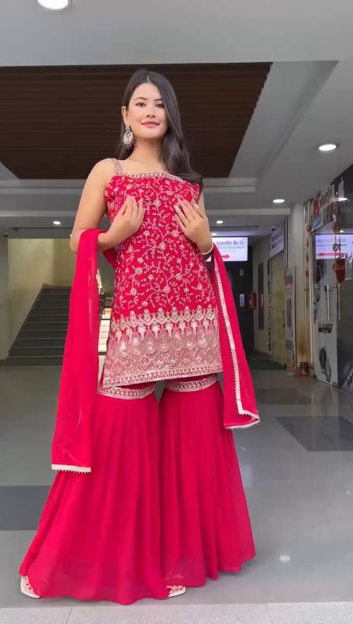 Pink Embroidered Faux Georgette Sharara Suit Set with Dupatta
