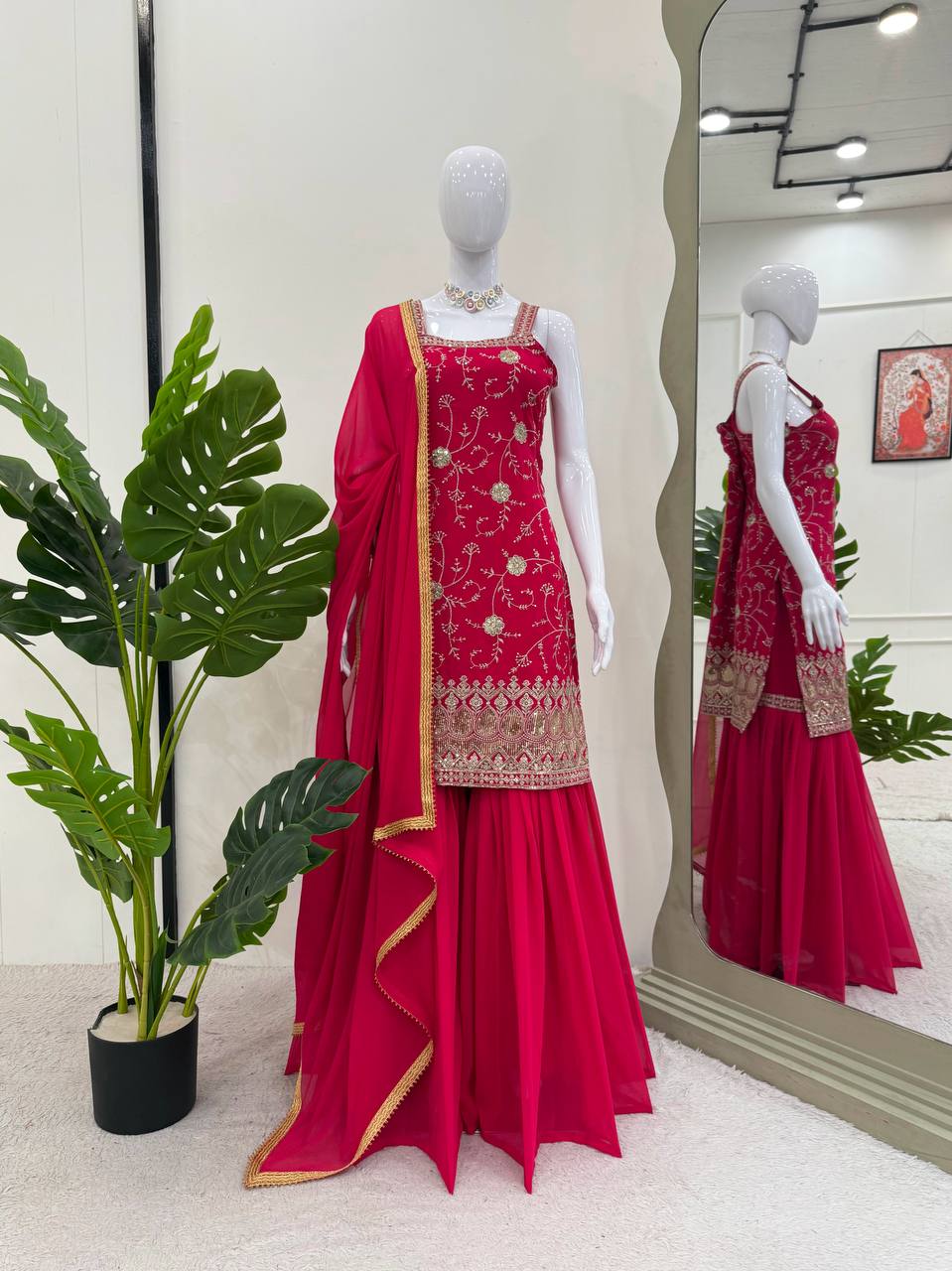 Pink Embroidered Faux Georgette Sharara Suit Set with Dupatta