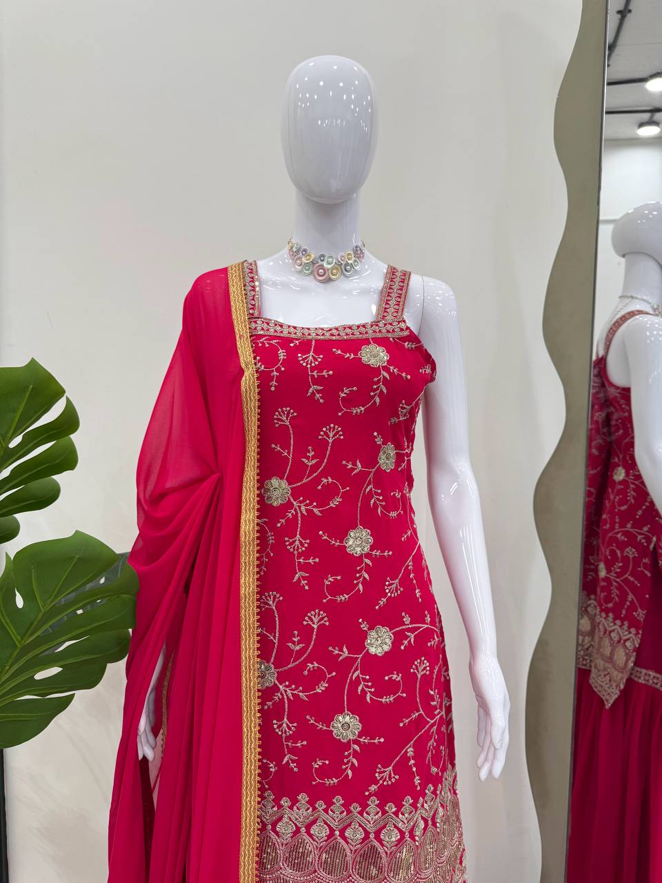 Pink Embroidered Faux Georgette Sharara Suit Set with Dupatta