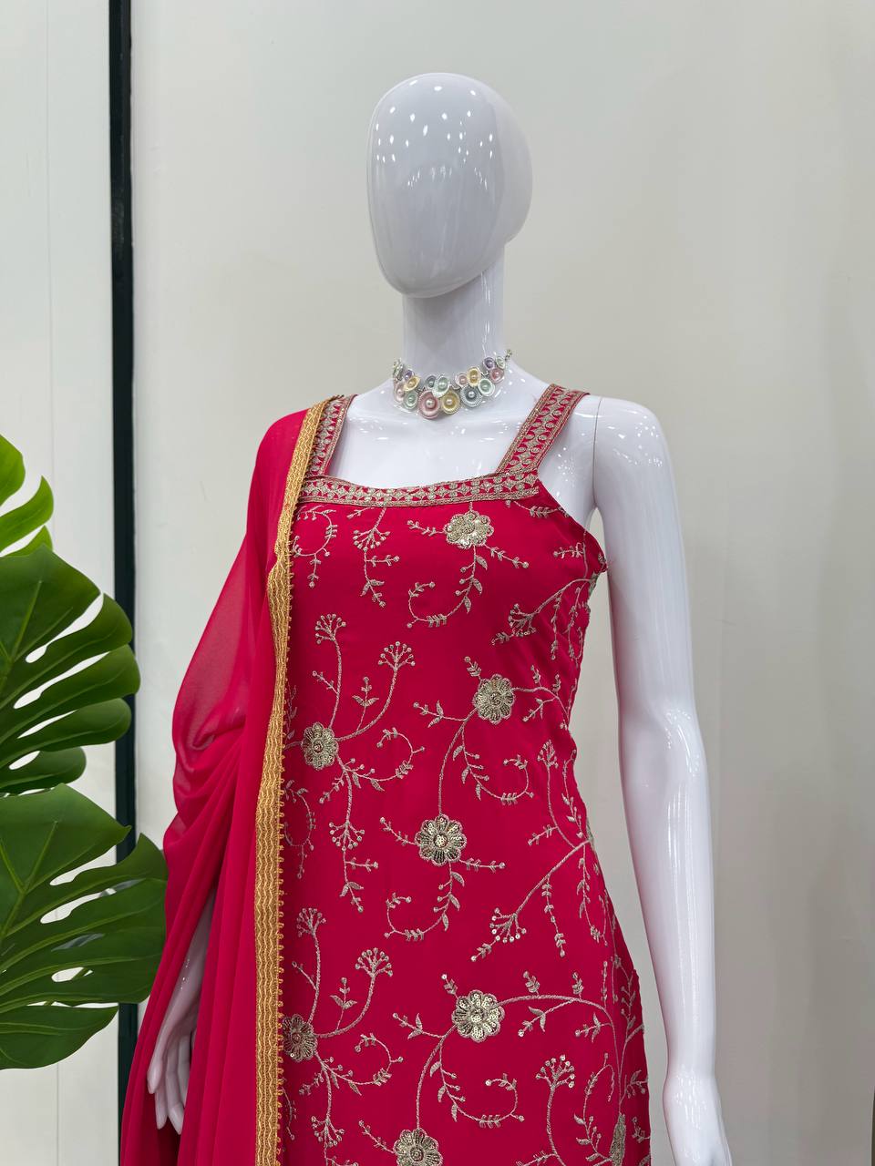 Pink Embroidered Faux Georgette Sharara Suit Set with Dupatta