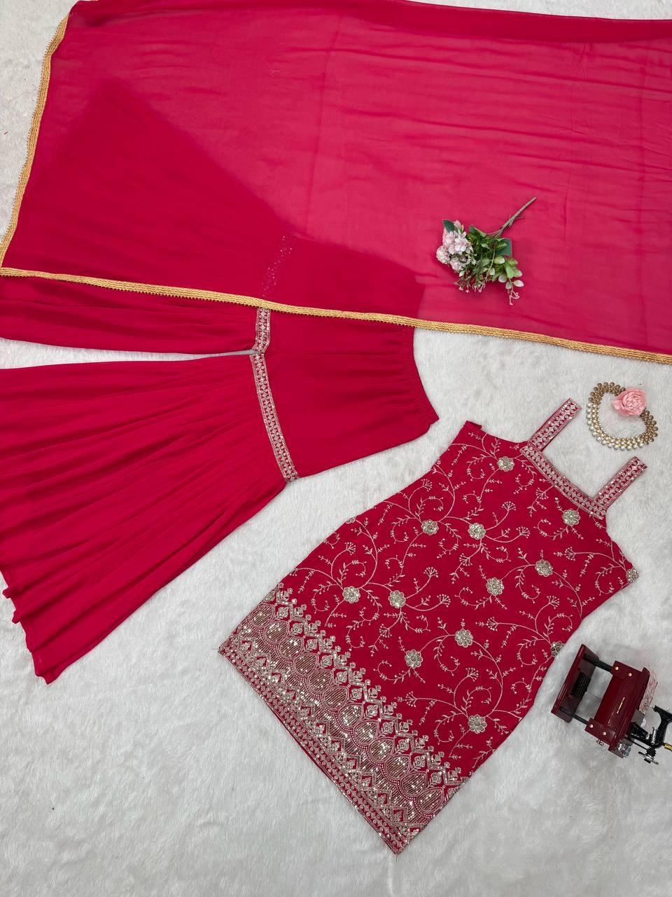Pink Embroidered Faux Georgette Sharara Suit Set with Dupatta