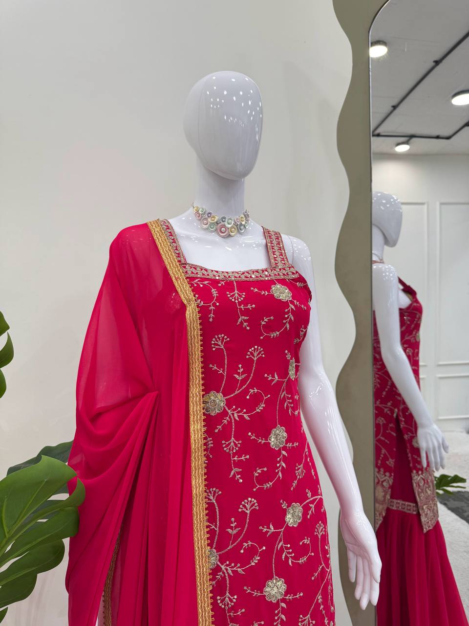 Pink Embroidered Faux Georgette Sharara Suit Set with Dupatta