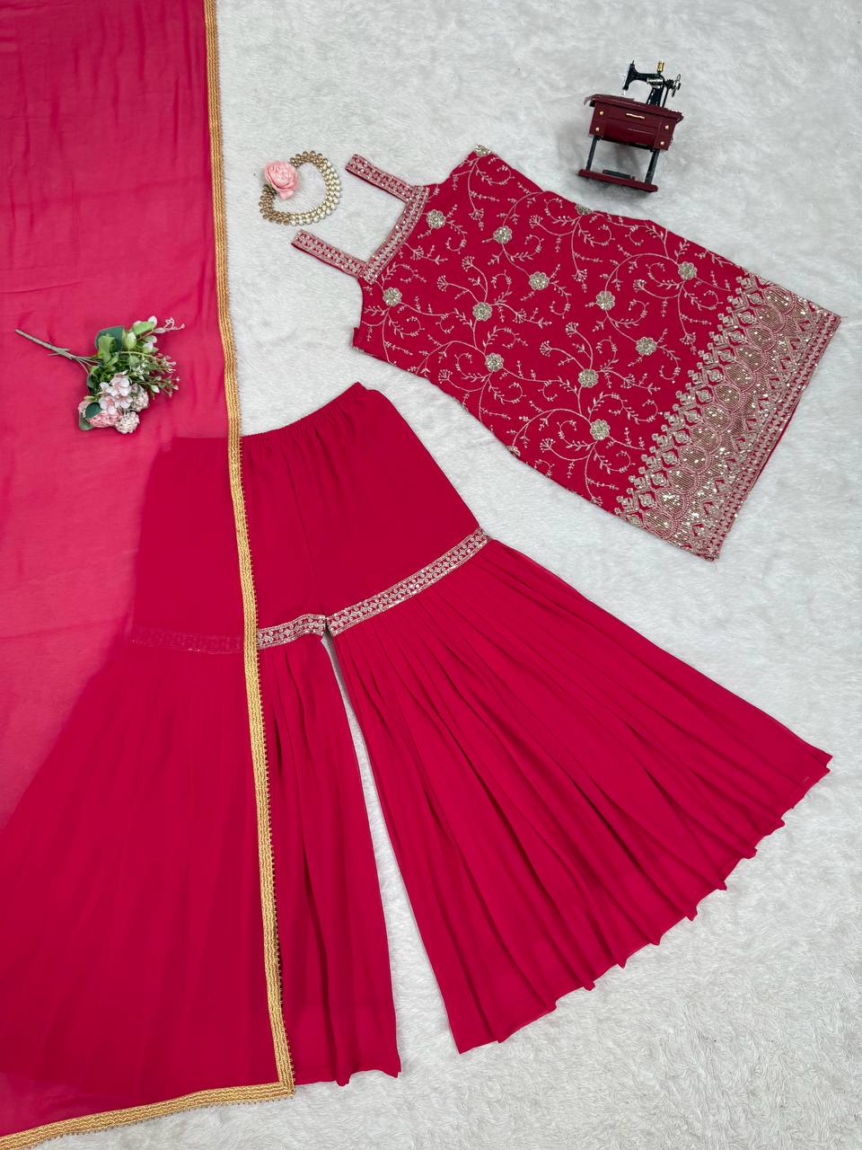 Pink Embroidered Faux Georgette Sharara Suit Set with Dupatta