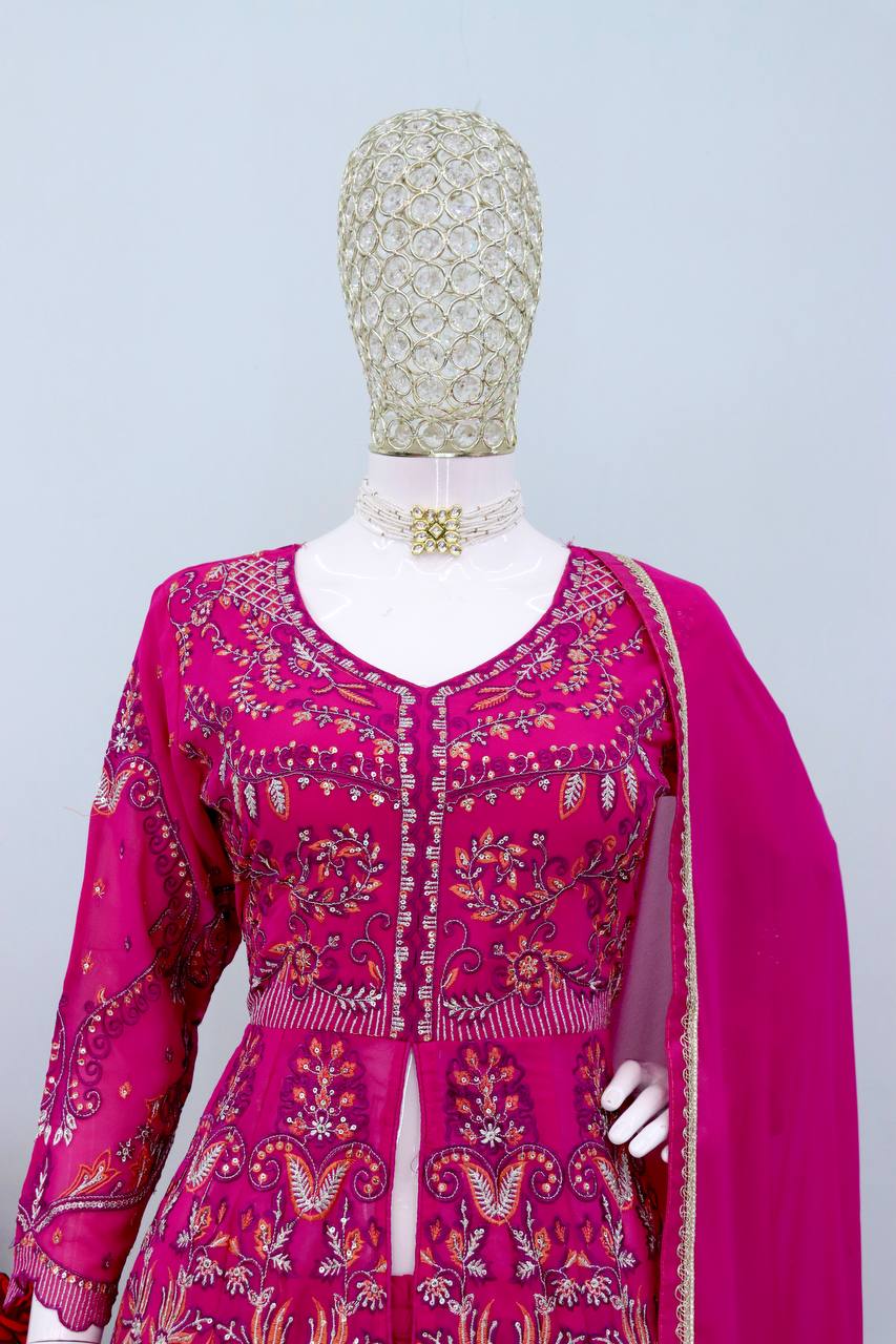 Pink Embroidered Faux Georgette Suit Set with Lace Dupatta – Fully Stitched