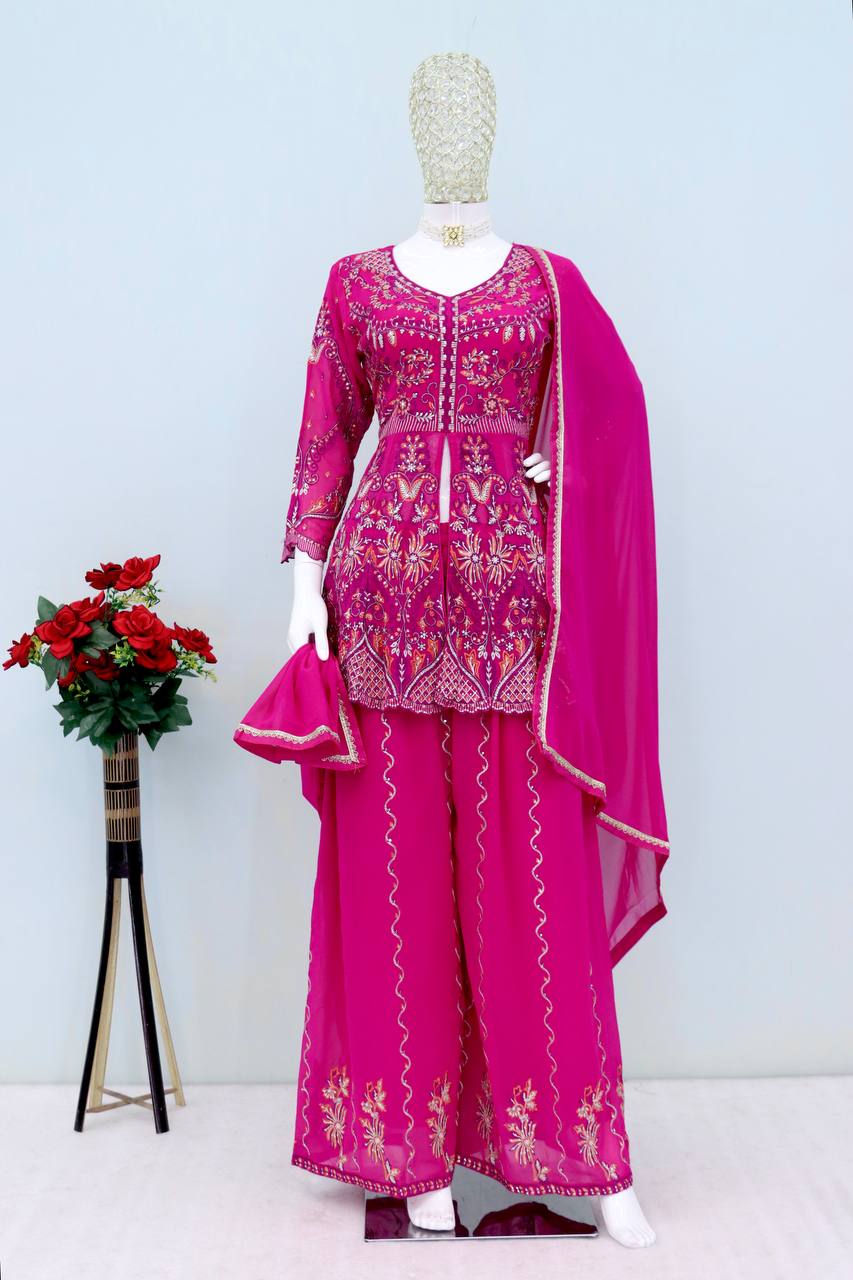 Pink Embroidered Faux Georgette Suit Set with Lace Dupatta – Fully Stitched