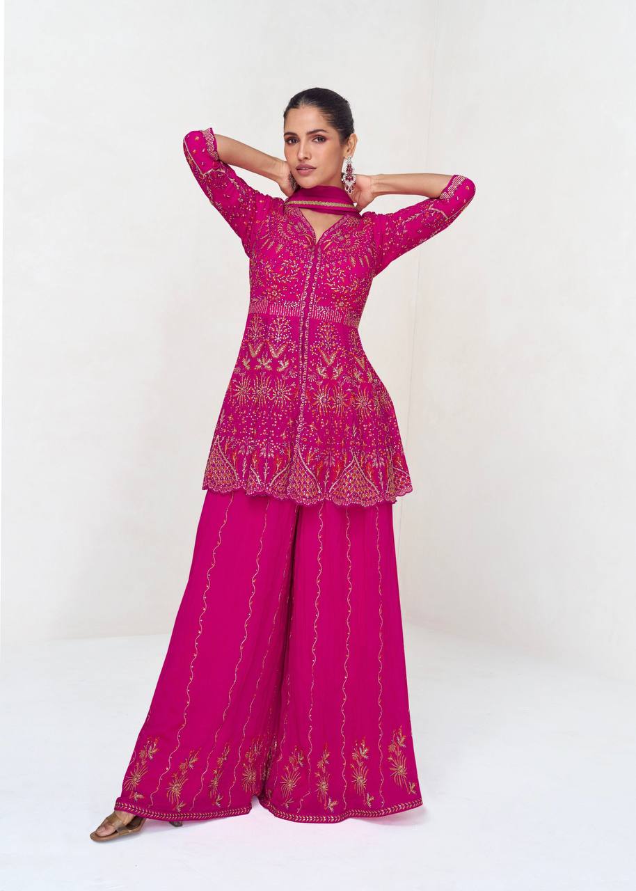 Pink Embroidered Faux Georgette Suit Set with Lace Dupatta – Fully Stitched