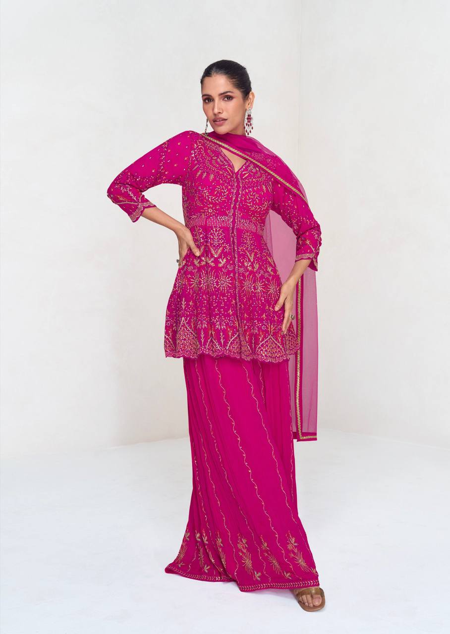 Pink Embroidered Faux Georgette Suit Set with Lace Dupatta – Fully Stitched