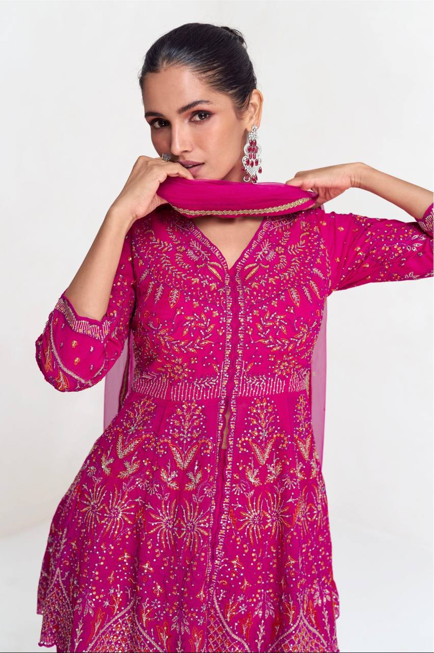 Pink Embroidered Faux Georgette Suit Set with Lace Dupatta – Fully Stitched