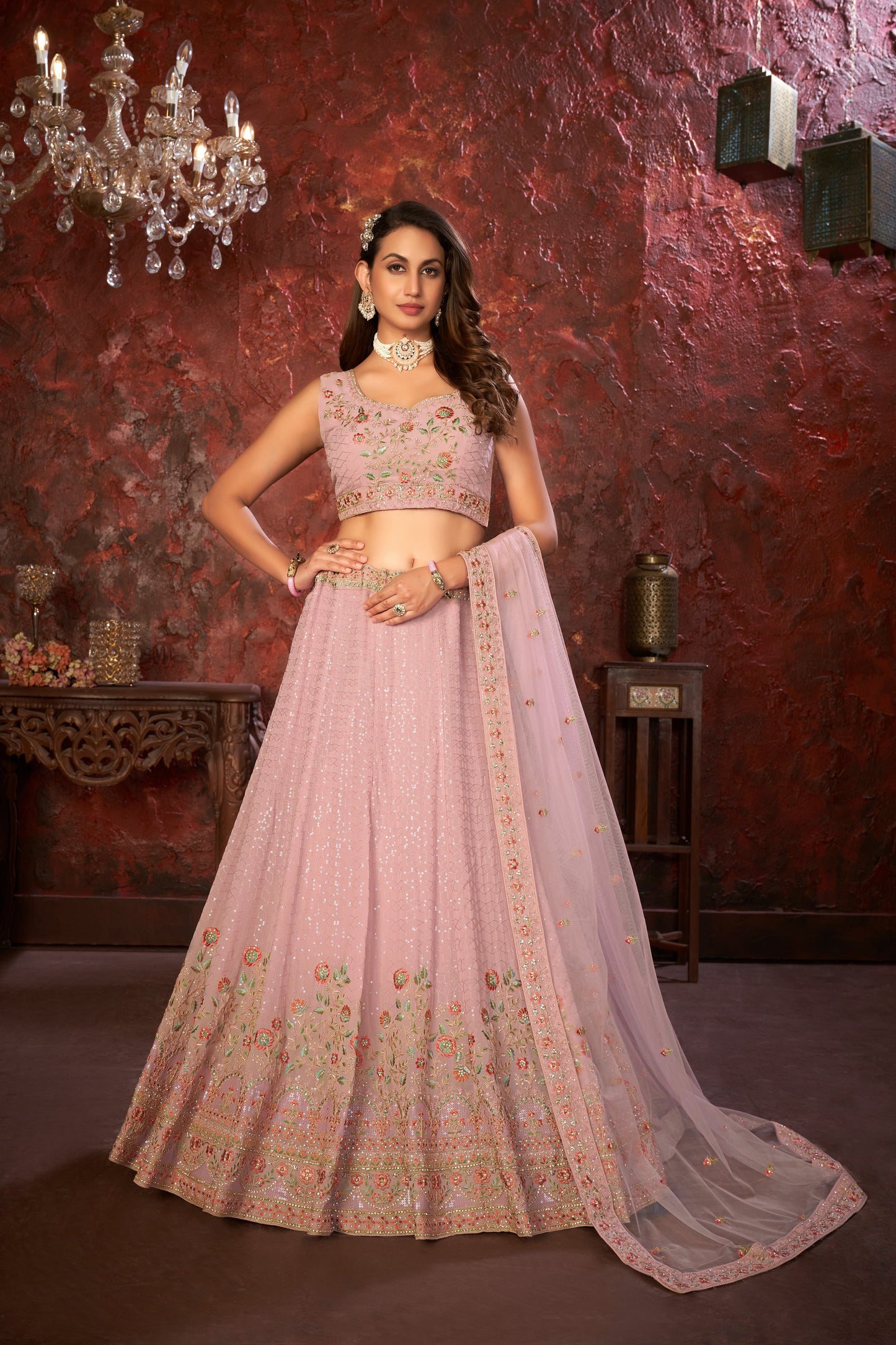 Exquisite Pink Embroidered Fox Georgette Girlish Trendy Lehenga