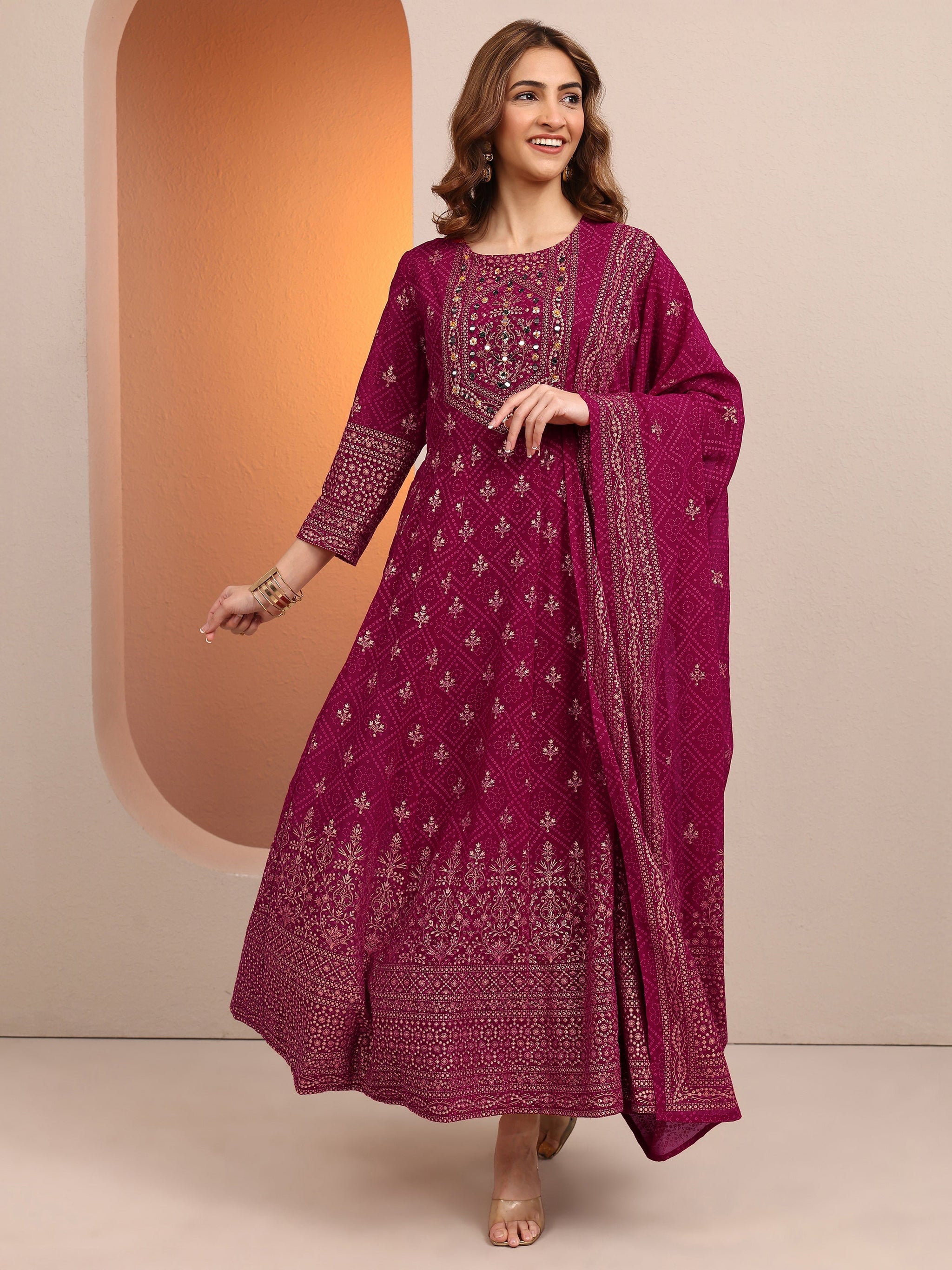 Libas Pink Embroidered Georgette Anarkali Suit Set With Dupatta