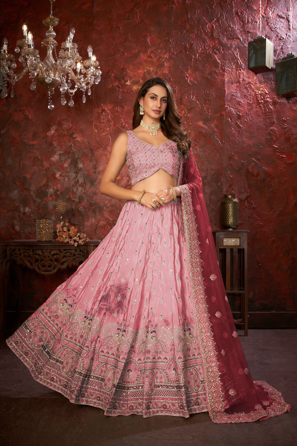 Pink Embroidered Girlish Lehenga Choli Set
